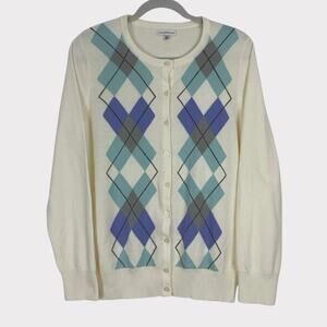 Croft & Barrow Cream and Blue Argyle Button Down Sweater